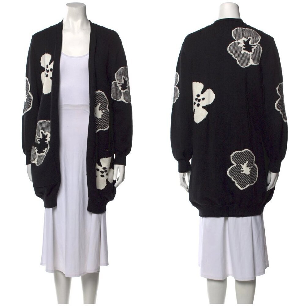 💕MAXMARA💕 Knit Open Front Cardigan Black White Abstract Floral Print Medium